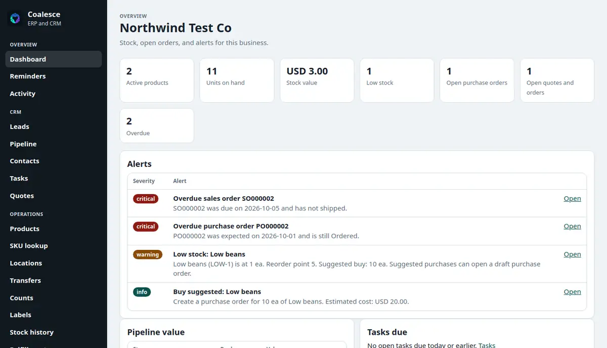 Coalesce dashboard showing product counts, units on hand, stock value, low stock, and open orders