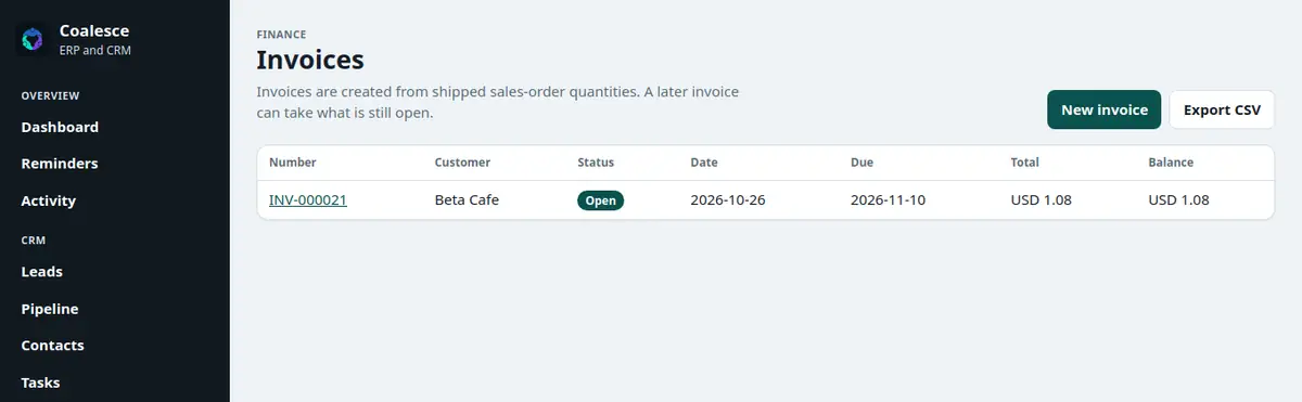 Invoice list with one open invoice, its date, total, and balance