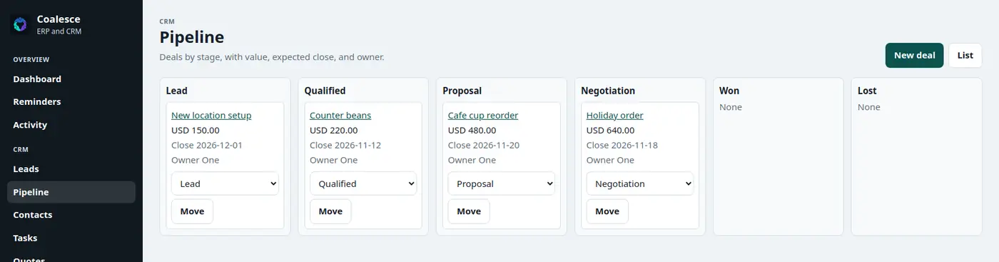 Deal pipeline with cards for a cafe reorder, counter beans, a new location, and a holiday order